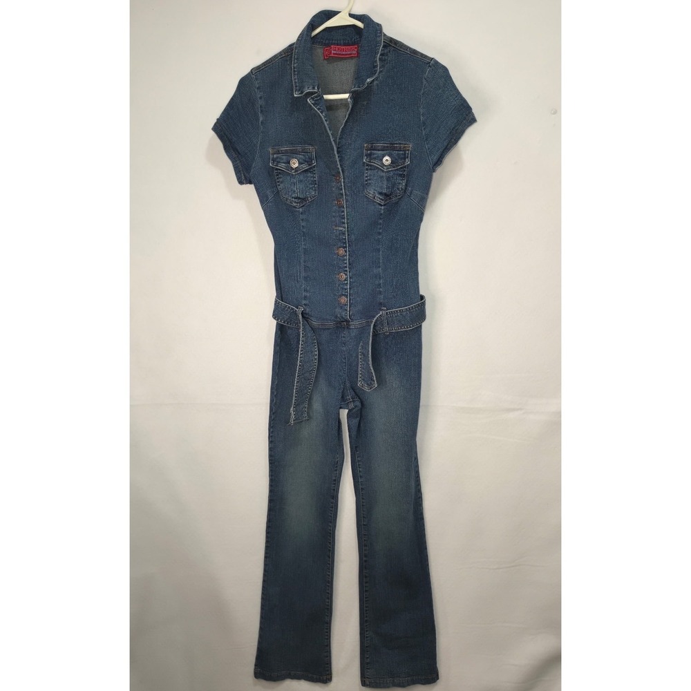 Hot Kiss Vintage Denim Jumpsuit Blue Short Sleeve Belted Stretch Large